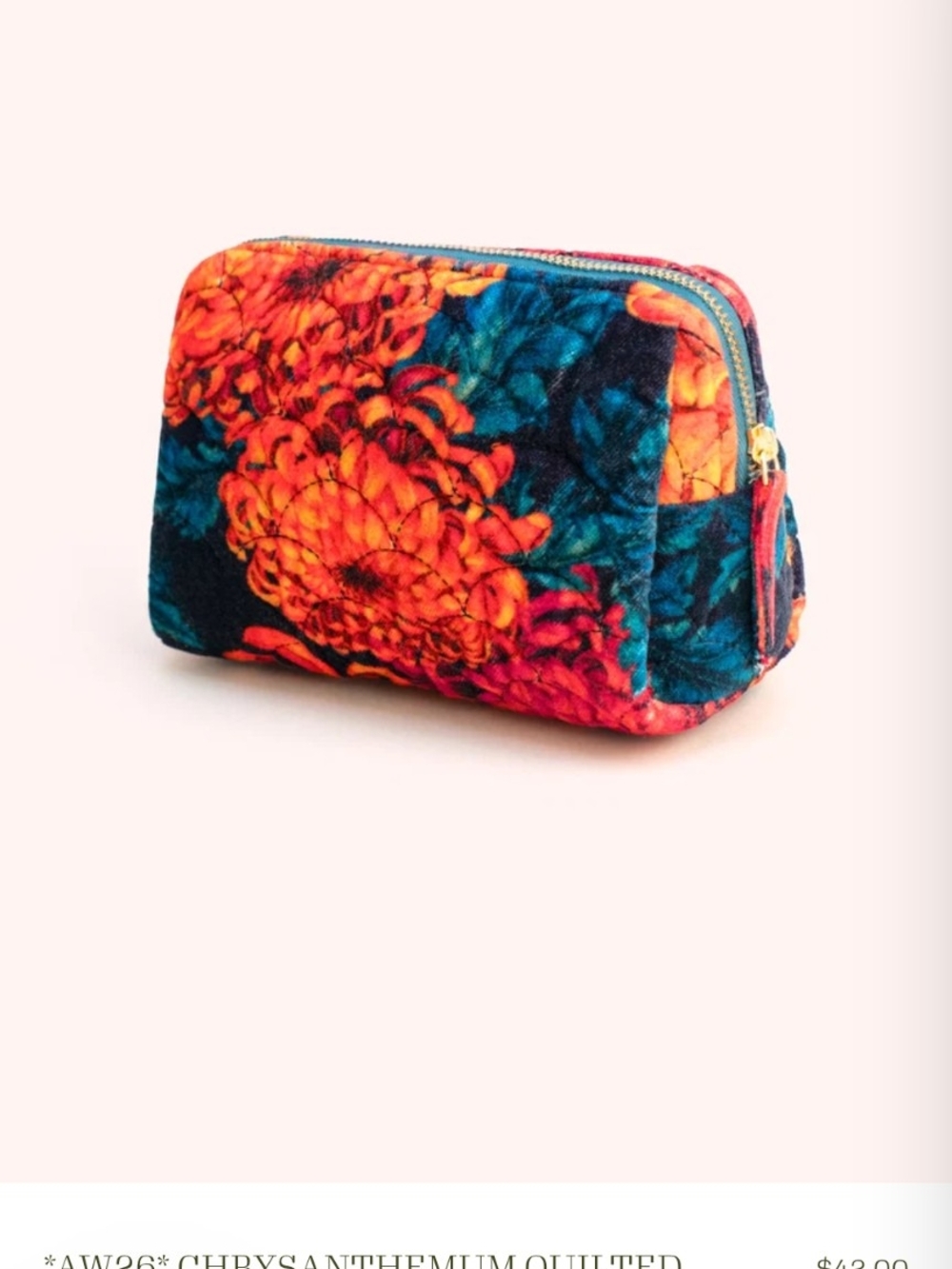 Quilted Floral Cosmetic Pouch in Orange and Teal